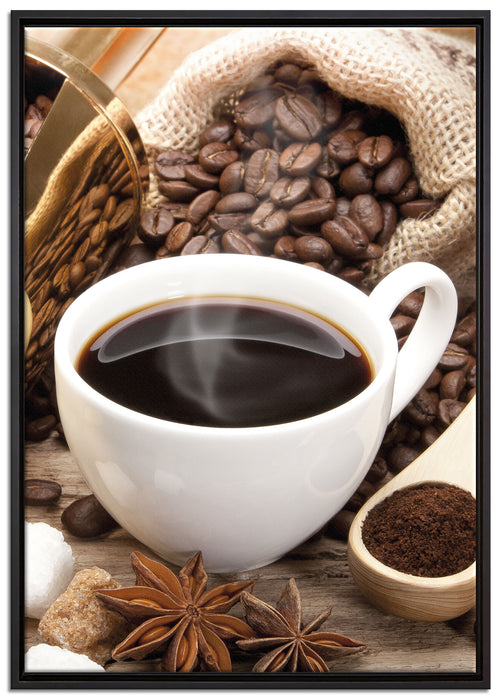 Edler Kaffee und Kaffeebohnen auf Leinwandbild gerahmt Größe 100x70