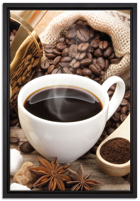 Edler Kaffee und Kaffeebohnen auf Leinwandbild gerahmt Größe 60x40