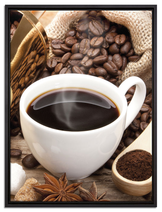 Edler Kaffee und Kaffeebohnen auf Leinwandbild gerahmt Größe 80x60