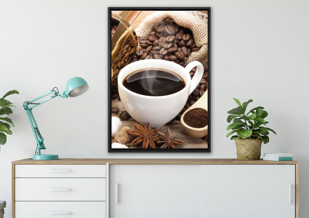 Edler Kaffee und Kaffeebohnen auf Leinwandbild gerahmt verschiedene Größen im Wohnzimmer