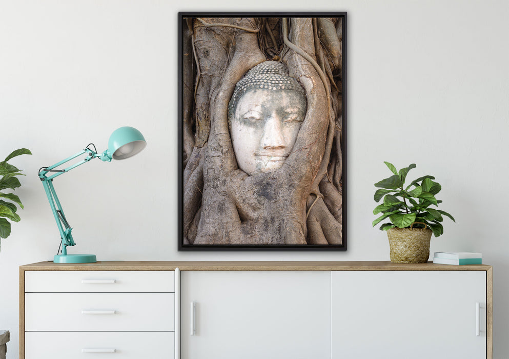 Buddha Kopf im Baum auf Leinwandbild gerahmt verschiedene Größen im Wohnzimmer