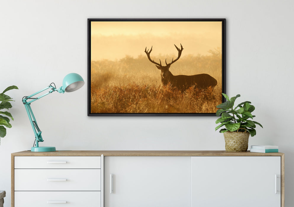 Rotwild Hirsch in Abenddämmerung auf Leinwandbild gerahmt verschiedene Größen im Wohnzimmer