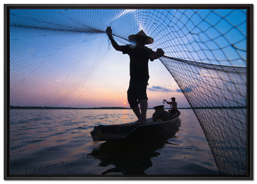 Fischer wirft sein Netz auf Leinwandbild gerahmt Größe 100x70