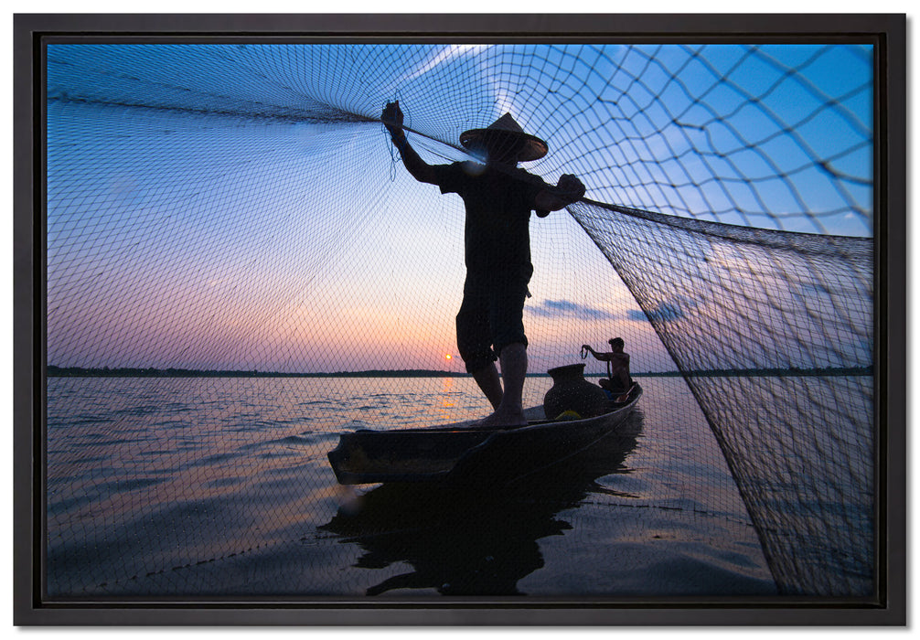 Fischer wirft sein Netz auf Leinwandbild gerahmt Größe 60x40