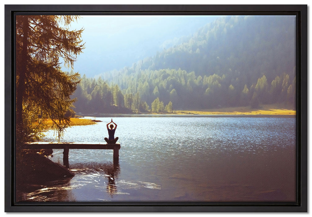 Yoga am See auf Leinwandbild gerahmt Größe 60x40
