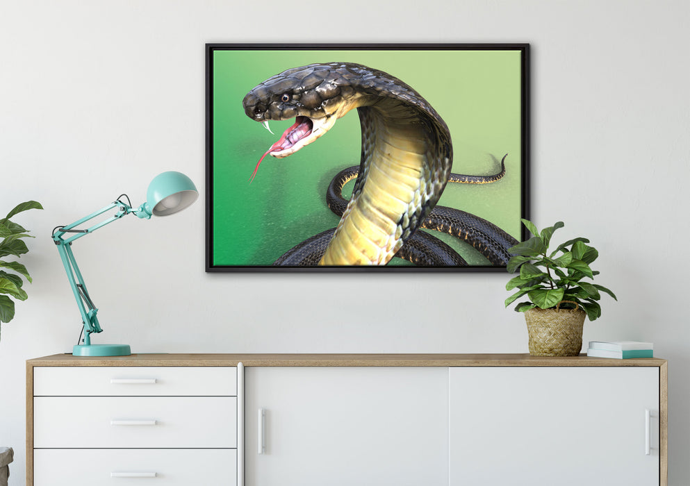 Nahaufnahme einer Cobra auf Leinwandbild gerahmt verschiedene Größen im Wohnzimmer