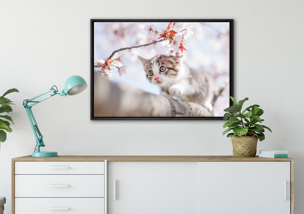 Süßes Kätzchen im Kirschbaum auf Leinwandbild gerahmt verschiedene Größen im Wohnzimmer