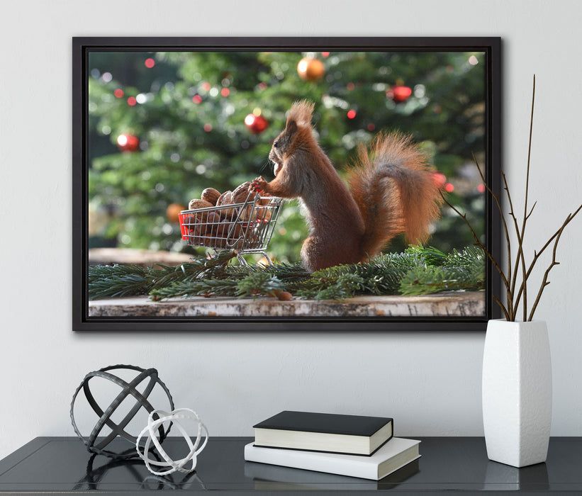 Eichhörnchen auf Leinwandbild gerahmt mit Kirschblüten