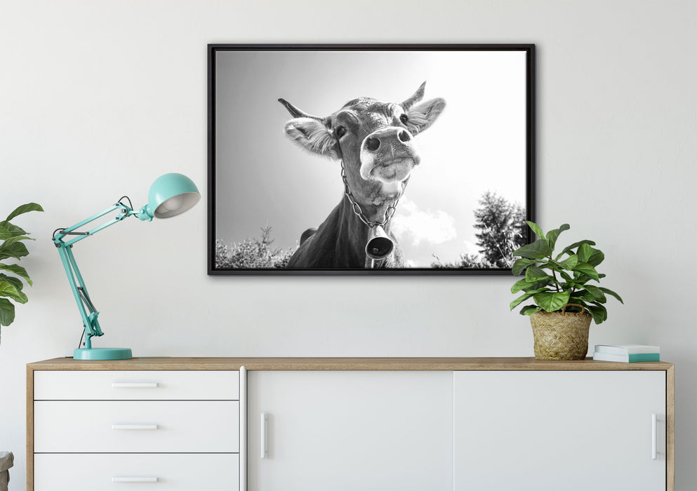 Portrait einer Kuh auf Leinwandbild gerahmt verschiedene Größen im Wohnzimmer