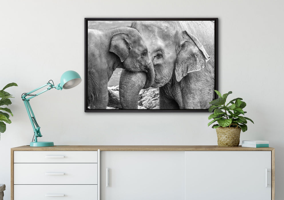 Elefantenmutter mit Kalb B&W auf Leinwandbild gerahmt verschiedene Größen im Wohnzimmer