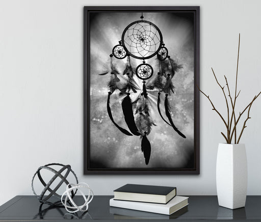 Indianischer Traumfänger Kunst B&W auf Leinwandbild gerahmt mit Kirschblüten