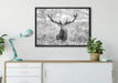 Großer Hirsch im Feld Kunst B&W auf Leinwandbild gerahmt verschiedene Größen im Wohnzimmer
