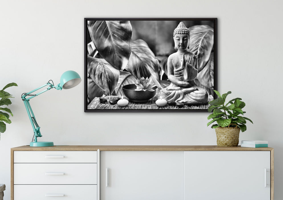 Buddha Statue auf Leinwandbild gerahmt verschiedene Größen im Wohnzimmer