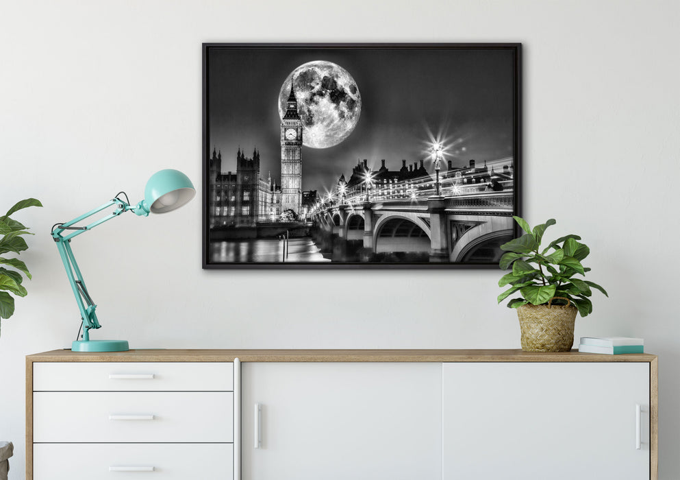 Big Ben vor Mond in London auf Leinwandbild gerahmt verschiedene Größen im Wohnzimmer