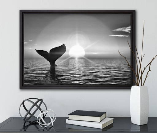 Walflosse im Sonnenuntergang auf Leinwandbild gerahmt mit Kirschblüten