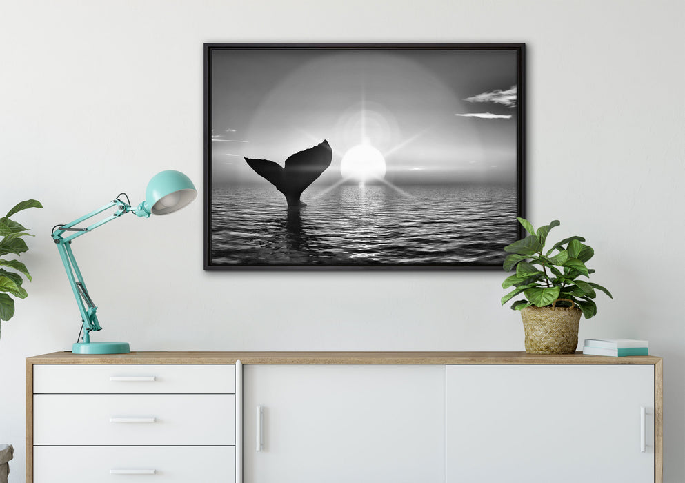 Walflosse im Sonnenuntergang auf Leinwandbild gerahmt verschiedene Größen im Wohnzimmer