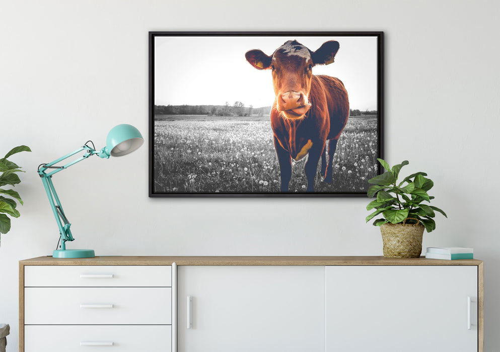 Kuh auf Butterblumenwiese auf Leinwandbild gerahmt verschiedene Größen im Wohnzimmer