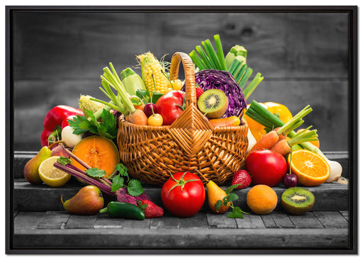 Frisches Obst und Gemüse im Korb auf Leinwandbild gerahmt Größe 100x70