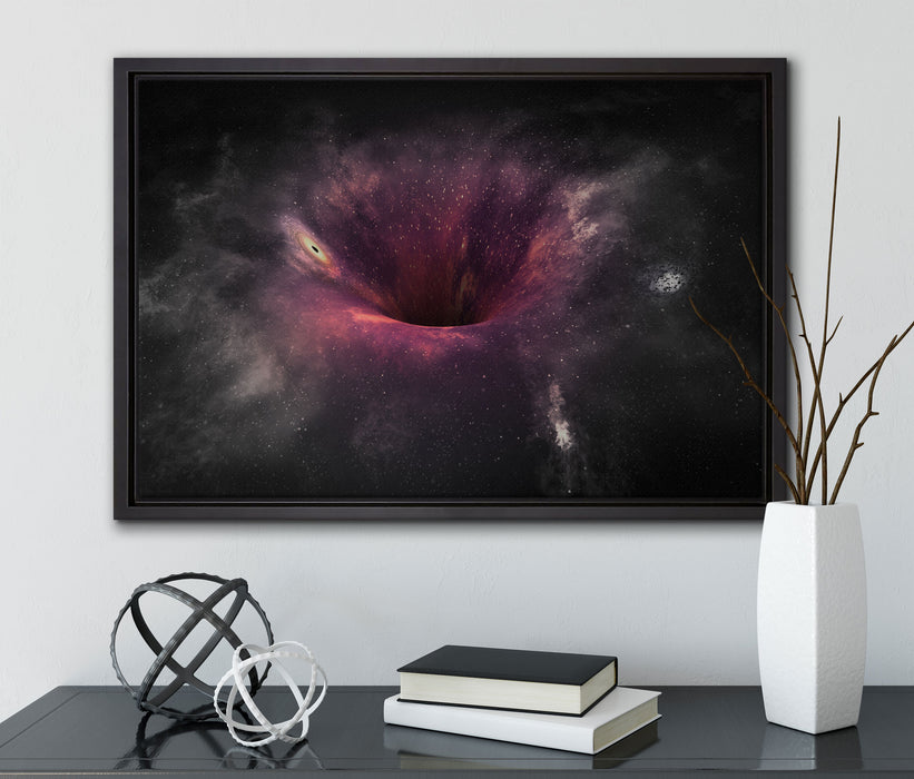 Schwarzes Loch im Weltall auf Leinwandbild gerahmt mit Kirschblüten