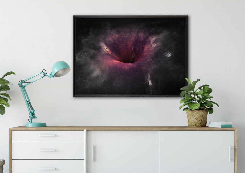 Schwarzes Loch im Weltall auf Leinwandbild gerahmt verschiedene Größen im Wohnzimmer