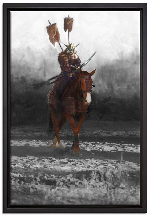 Samurai Krieger auf einem Pferd auf Leinwandbild gerahmt Größe 60x40
