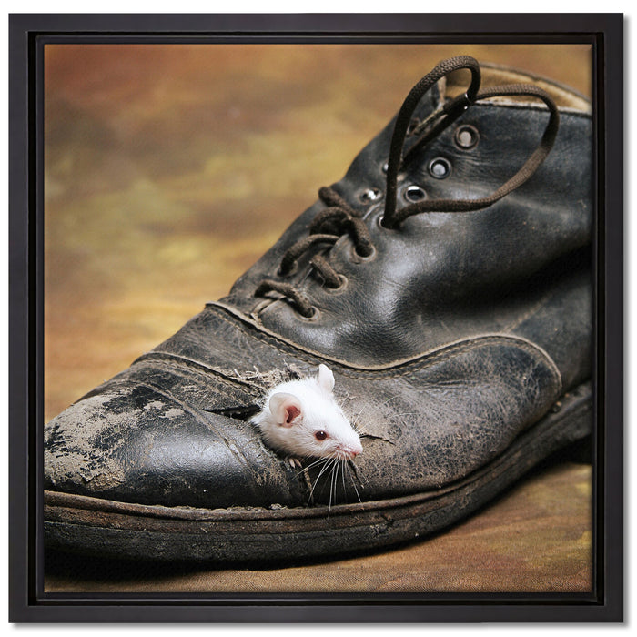 Maus in schwarzem Schuh auf Leinwandbild Quadratisch gerahmt Größe 40x40