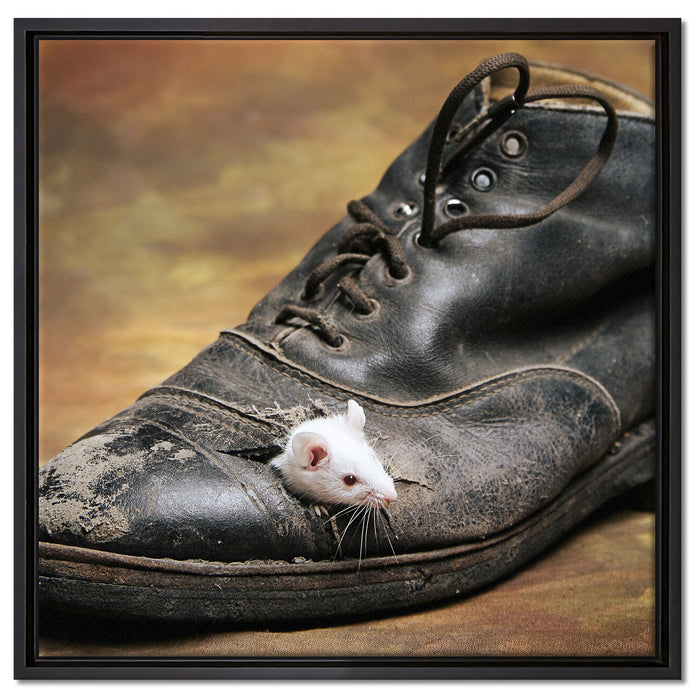 Maus in schwarzem Schuh auf Leinwandbild Quadratisch gerahmt Größe 60x60