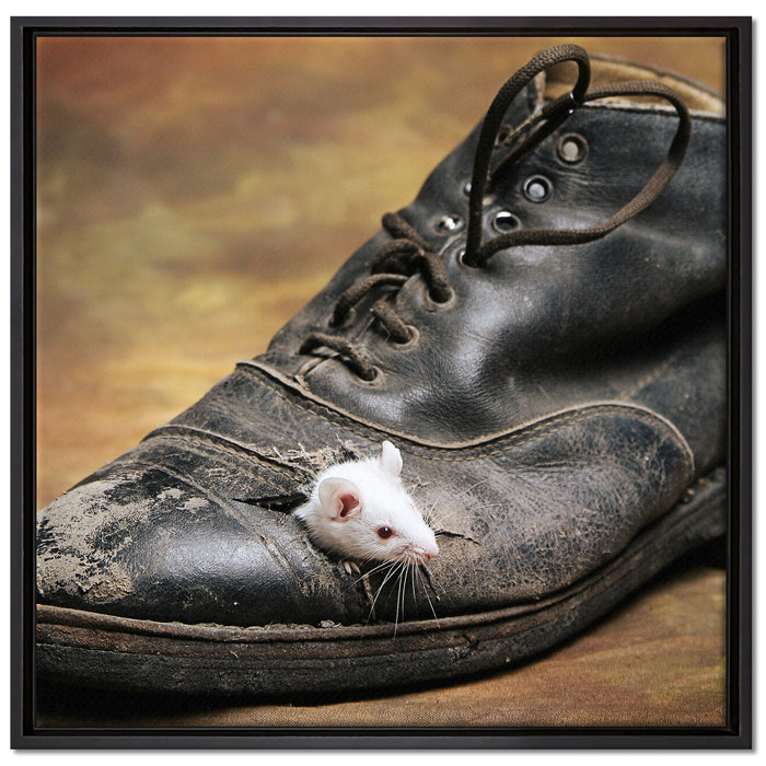 Maus in schwarzem Schuh auf Leinwandbild Quadratisch gerahmt Größe 70x70