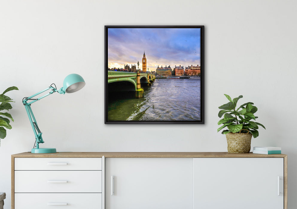 Big Ben an der Themse auf Leinwandbild gerahmt Quadratisch verschiedene Größen im Wohnzimmer