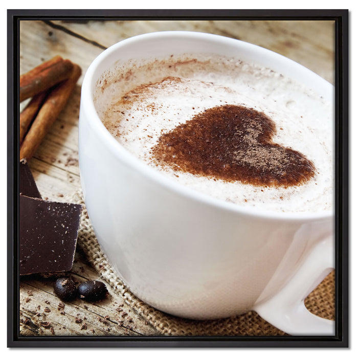 Tasse Kaffee mit Schokolade auf Leinwandbild Quadratisch gerahmt Größe 60x60
