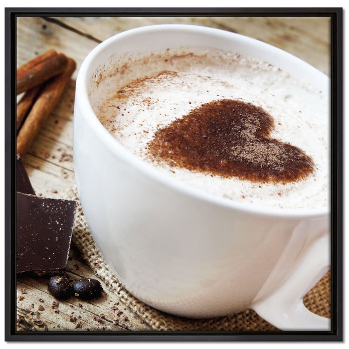 Tasse Kaffee mit Schokolade auf Leinwandbild Quadratisch gerahmt Größe 70x70
