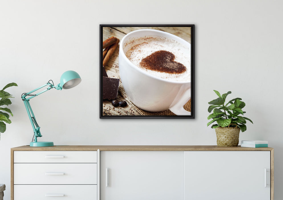 Tasse Kaffee mit Schokolade auf Leinwandbild gerahmt Quadratisch verschiedene Größen im Wohnzimmer