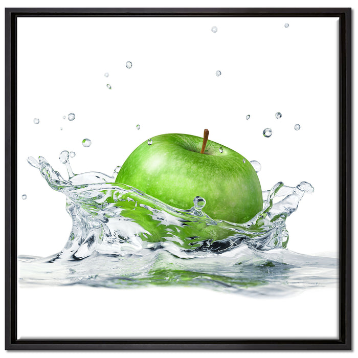 Grüner Apfel fällt in Wasser auf Leinwandbild Quadratisch gerahmt Größe 70x70