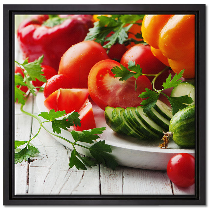 Teller mit Gemüse auf Leinwandbild Quadratisch gerahmt Größe 40x40