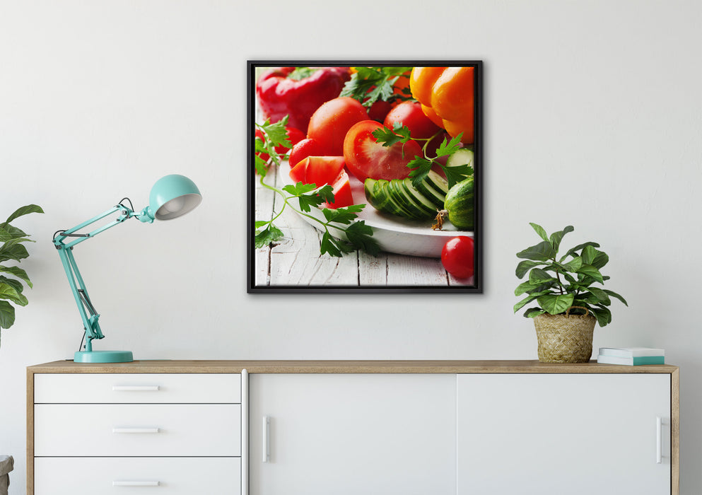 Teller mit Gemüse auf Leinwandbild gerahmt Quadratisch verschiedene Größen im Wohnzimmer
