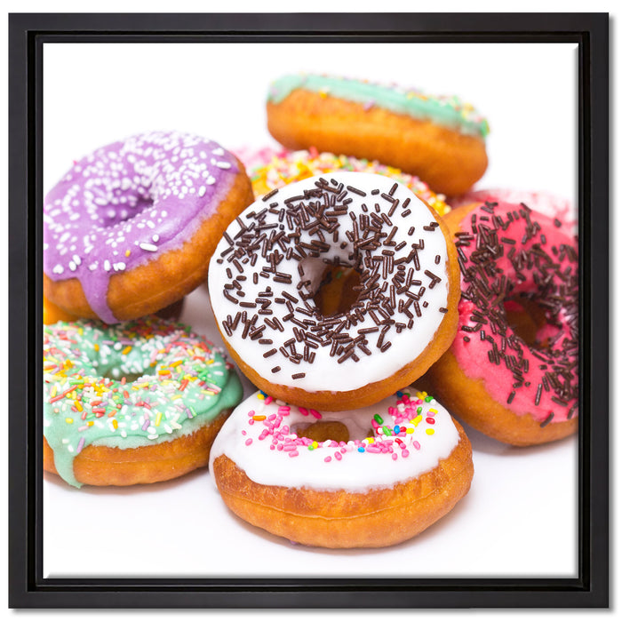 Leckere bunte Donuts auf Leinwandbild Quadratisch gerahmt Größe 40x40