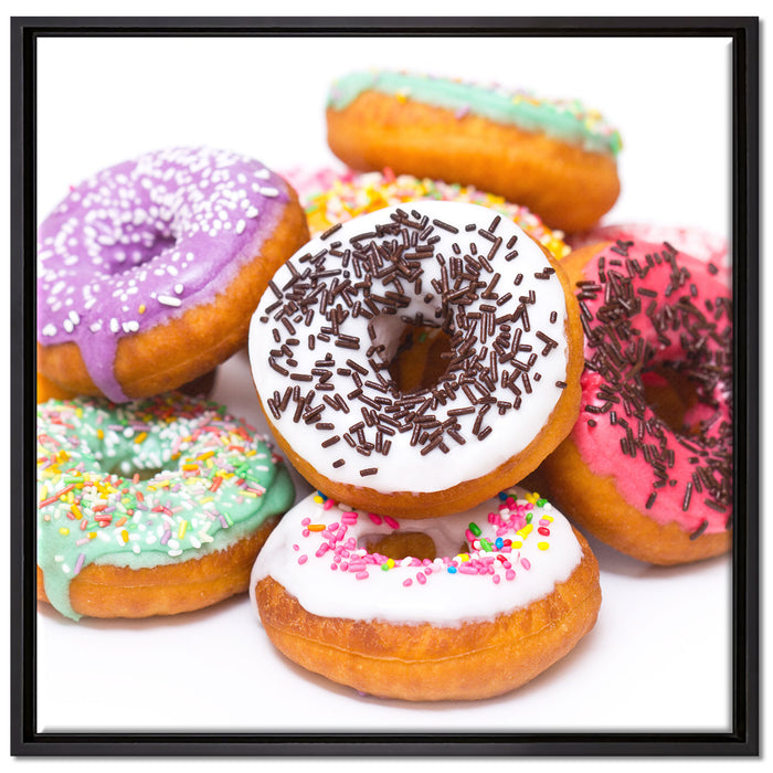 Leckere bunte Donuts auf Leinwandbild Quadratisch gerahmt Größe 70x70