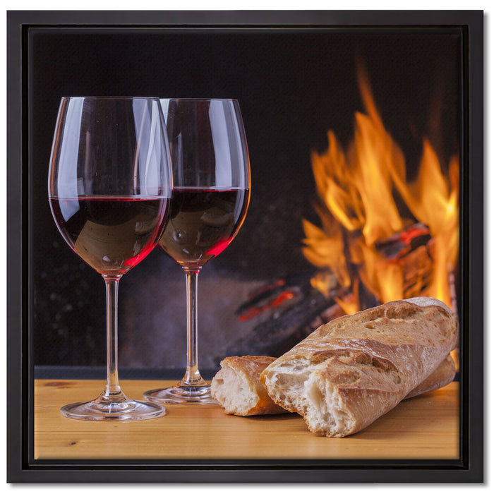 Zwei Gläser Wein mit Baguette auf Leinwandbild Quadratisch gerahmt Größe 40x40