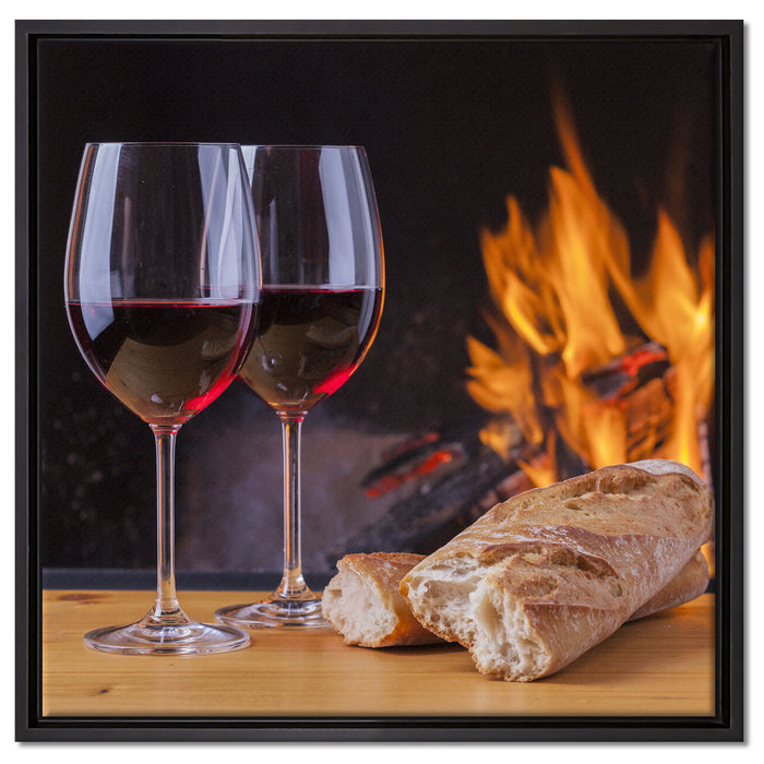 Zwei Gläser Wein mit Baguette auf Leinwandbild Quadratisch gerahmt Größe 60x60
