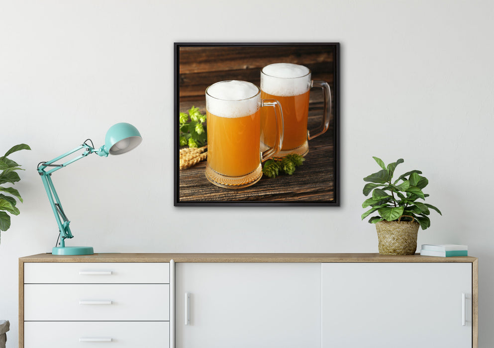 Köstliches Bier mit Hopfenblüten auf Leinwandbild gerahmt Quadratisch verschiedene Größen im Wohnzimmer
