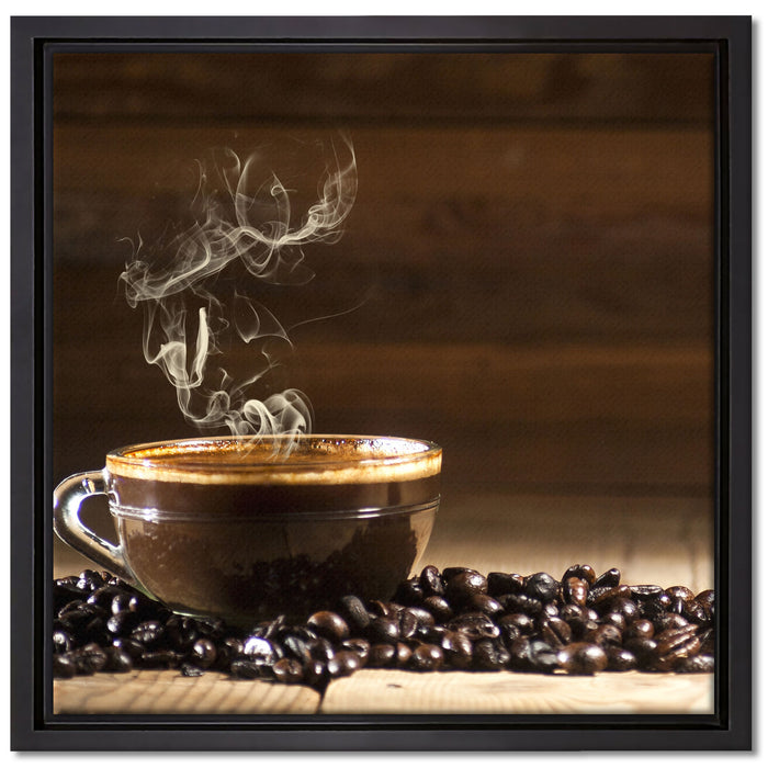 Kaffee zwischen Kaffeebohnen auf Leinwandbild Quadratisch gerahmt Größe 40x40