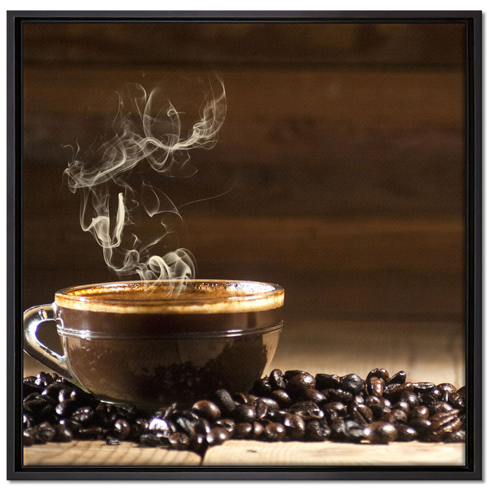 Kaffee zwischen Kaffeebohnen auf Leinwandbild Quadratisch gerahmt Größe 70x70