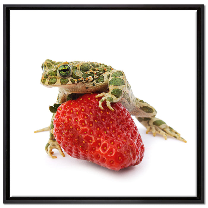 Kleiner Frosch sitzt auf Erdbeere auf Leinwandbild Quadratisch gerahmt Größe 70x70