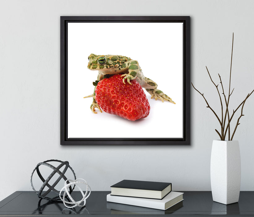 Kleiner Frosch sitzt auf Erdbeere  auf Leinwandbild Quadratisch gerahmt mit Kirschblüten