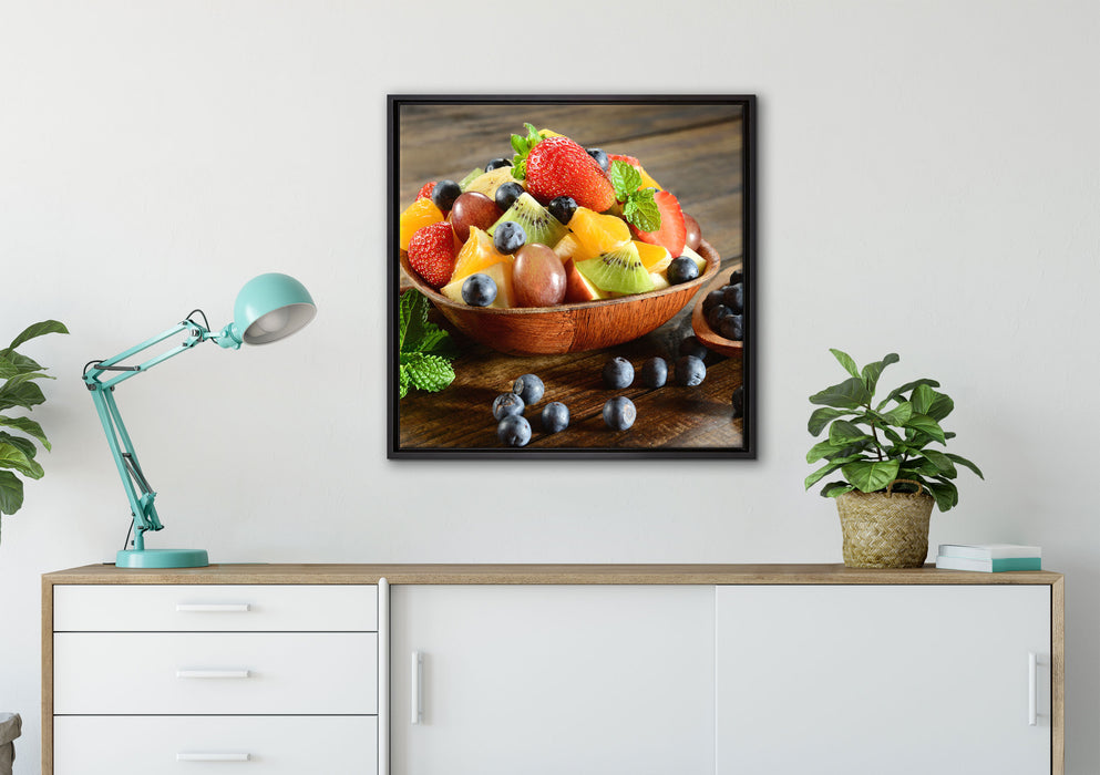 Schale voll mit frischem Obst auf Leinwandbild gerahmt Quadratisch verschiedene Größen im Wohnzimmer