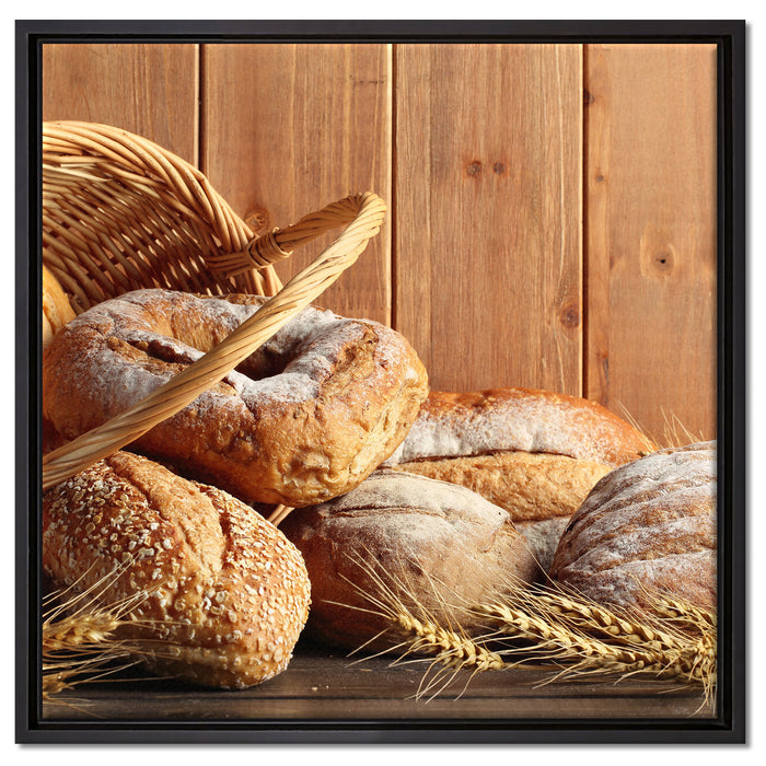 Korb mit leckerem frischen Brot auf Leinwandbild Quadratisch gerahmt Größe 60x60