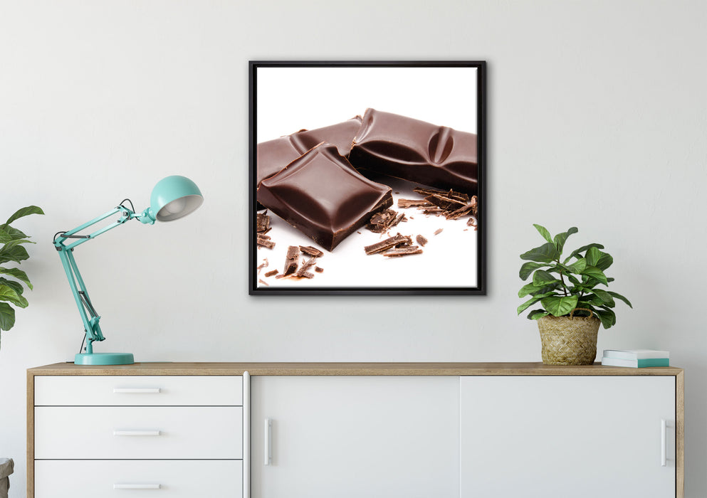 Leckere Tafel Schokolade auf Leinwandbild gerahmt Quadratisch verschiedene Größen im Wohnzimmer