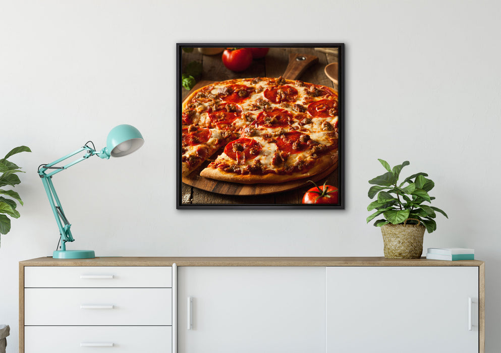 Pizza mit Salami und Tomaten auf Leinwandbild gerahmt Quadratisch verschiedene Größen im Wohnzimmer