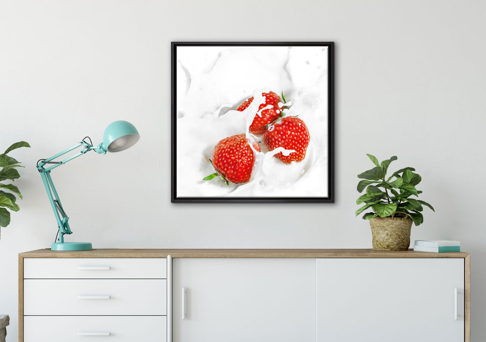 Leckere Erdbeeren in Milch auf Leinwandbild gerahmt Quadratisch verschiedene Größen im Wohnzimmer
