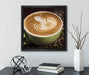 Cappucino zwischen Kaffeebohnen  auf Leinwandbild Quadratisch gerahmt mit Kirschblüten